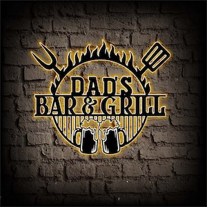 Personalized Metal Grilling Sign with Lights,Custom BBQ Sign,Dad&#39;s Bar & Grill Metal Wall Art,BBQ Decor,Grilling Gift for Dad,Father&#39;s Day