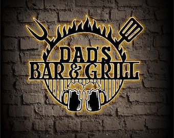 Gepersonaliseerd metalen grillbord met verlichting, aangepast BBQ-bord, papa's Bar & Grill Metal Wall Art, BBQ-decor, grillcadeau voor papa, Vaderdag