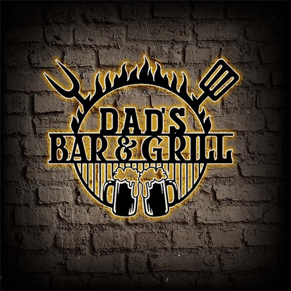 Personalisiertes Grill-Schild mit Lichtern, personalisiertes Grill-Schild, Dad's Bar & Grill-Metall-Wandkunst, BBQ-Dekor, Grillen-Geschenk für Papa, Vatertag