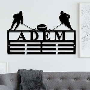 Custom Metal Hockey Medal Holder,Personalized Hockey Player Medal Hanger,12 Rungs for Medals & Ribbons,Hockey Sport Display Awards Sign