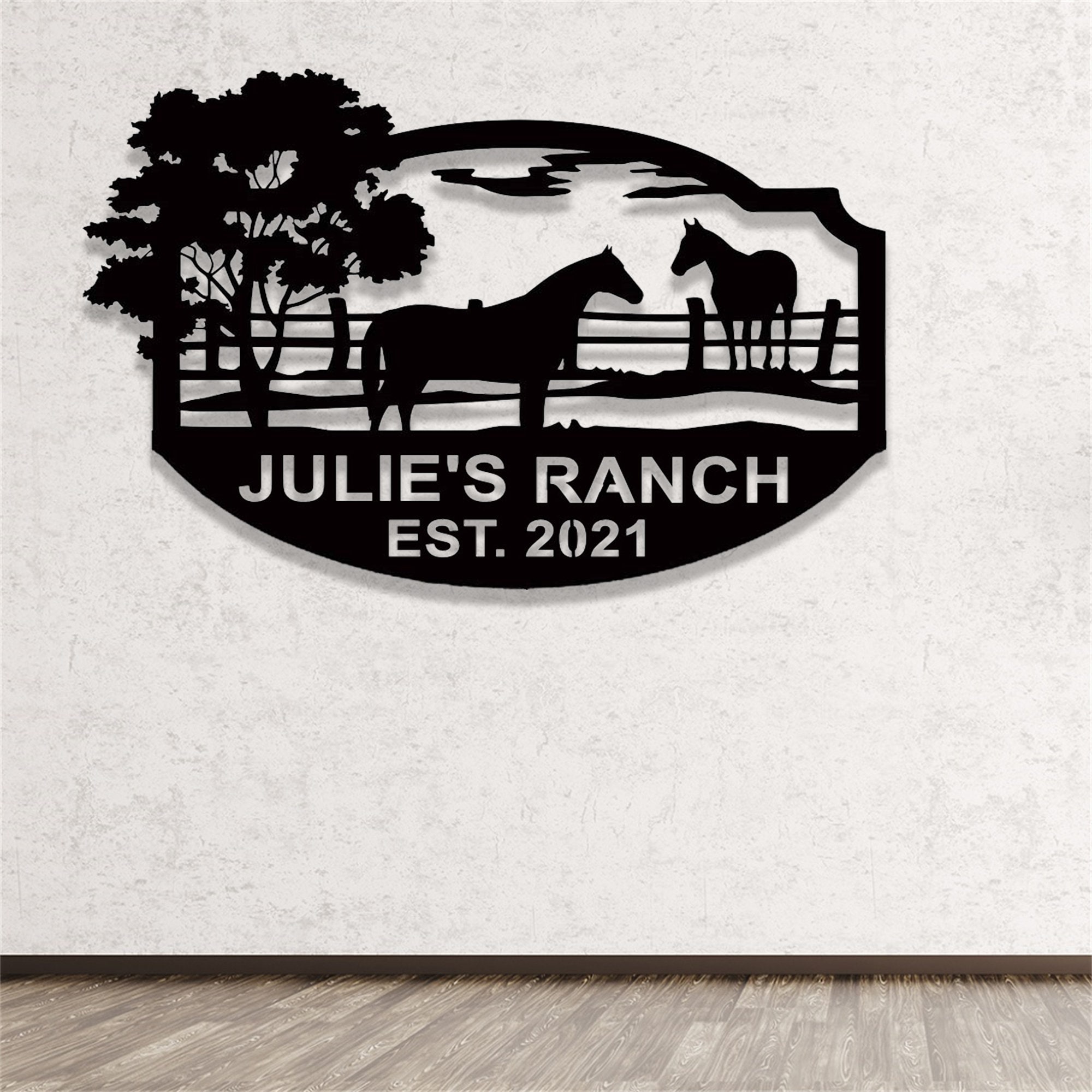 Plaque en métal personnalisée en forme de fer à cheval, monogramme en forme de fer à cheval, panneau en métal de ranch, décoration de logo de cheval personnalisé pour chambre, panneau d'amant