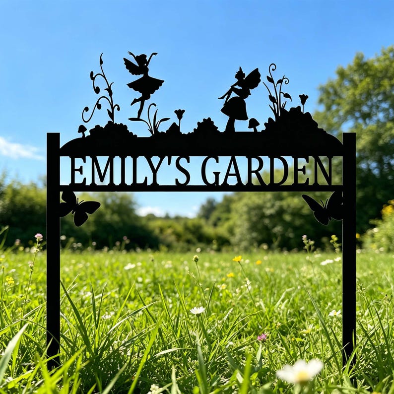 Puede incluir: Letrero de jard&iacute;n de metal negro con el texto "EMILY'S GARDEN". El letrero presenta siluetas de hadas, mariposas y plantas. El letrero est&aacute; colocado en una zona de c&eacute;sped con un cielo azul de fondo.
