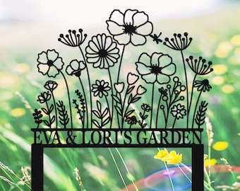 Letrero de jardín personalizado con estaca, letrero de metal para jardín con flores, estaca de jardín personalizada, letrero de jardín, decoración de jardín, letrero con nombre de jardinero, letrero de jardín familiar