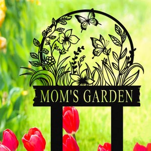 Custom Metal Garden Sign with Stakes,Flowers Butterfly Garden Stake,Personalized Gardener Name Sign,Garden Art,Metal Yard Art,Garden Decor