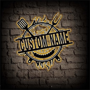 Personalized Metal BBQ Sign,LED BBQ Sign,Grilling Sign with Light,Custom Grill Master Name Sign,Barbecue Outdoor Decor,Grilling Gift for Dad
