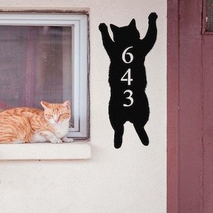 Benutzerdefiniertes Katzenadressschild, Metallkatzenhausnummerschild, personalisiertes Adressschild, Straßennamenschild, Katzentürschild, Katzenschild Dekor