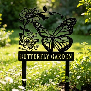 Puede incluir: Estaca de jard&iacute;n de metal negro con dise&ntilde;o de mariposa y flores. La estaca presenta dos mariposas, flores y las palabras "BUTTERFLY GARDEN" en un letrero rectangular. El dise&ntilde;o se encuentra sobre un fondo de hierba verde y flores blancas.