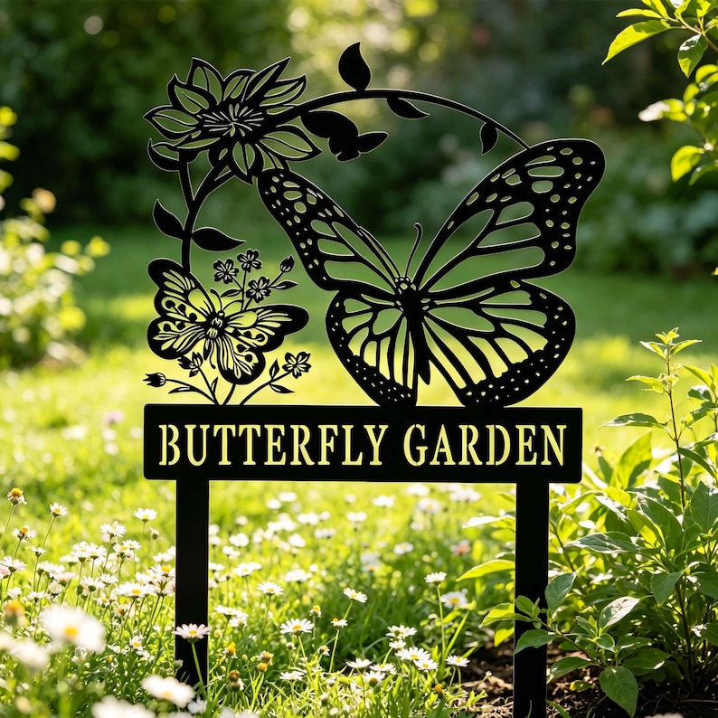 Puede incluir: Estaca de jard&iacute;n de metal negro con dise&ntilde;o de mariposa y flores. La estaca presenta dos mariposas, flores y las palabras "BUTTERFLY GARDEN" en un letrero rectangular. El dise&ntilde;o se encuentra sobre un fondo de hierba verde y flores blancas.