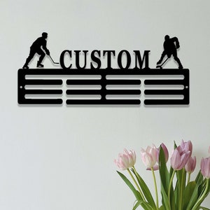 Personalized Hockey Medal Holder,Custom Hockey Player Name Medal Hanger,12 Rungs for Medals & Ribbons,Hockey Sport Display Awards Sign image 2