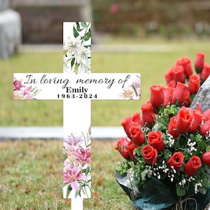 Custom Memorial Garden Cross Stake with Lilies,Lily Metal Cross Garden Stake,Personalize Cross Cemetery Stake,Loss of Loved One,Grave Marker