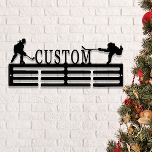 Personalized Girl Hockey Medal Holder,Custom Female Hockey Player Name Medal Hanger,12 Rungs for Medals & Ribbons,Hockey Display Awards Sign