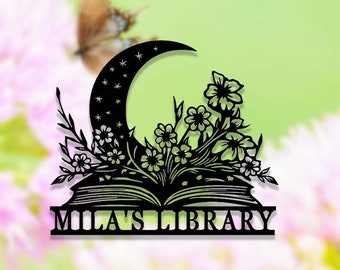 Personalized Library Sign,Metal Bookshelf Sign,Custom Floral Books Sign,Bookworm Sign,Book Club Decor,Reading Room Sign,Book Metal Wall Art