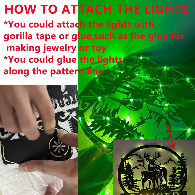 Op de afbeelding: Een close-up van een zwart houten hert-silhouet met groene lichtslingers eromheen gewikkeld. De afbeelding laat zien hoe je de lichten kunt bevestigen met tape of lijm. De tekst in de afbeelding luidt: "HOW TO ATTACH THE LIGHTS *You could attach the lights with gorilla tape or glue, such as the glue for making jewellery or toy *You could glue the lights along the pattern line"