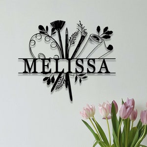 Letrero metálico personalizado para estudio de arte, letrero de artista, letrero personalizado con el nombre del pintor, letrero con herramientas y materiales de arte, decoración para estudio de arte, regalo para amantes del dibujo.