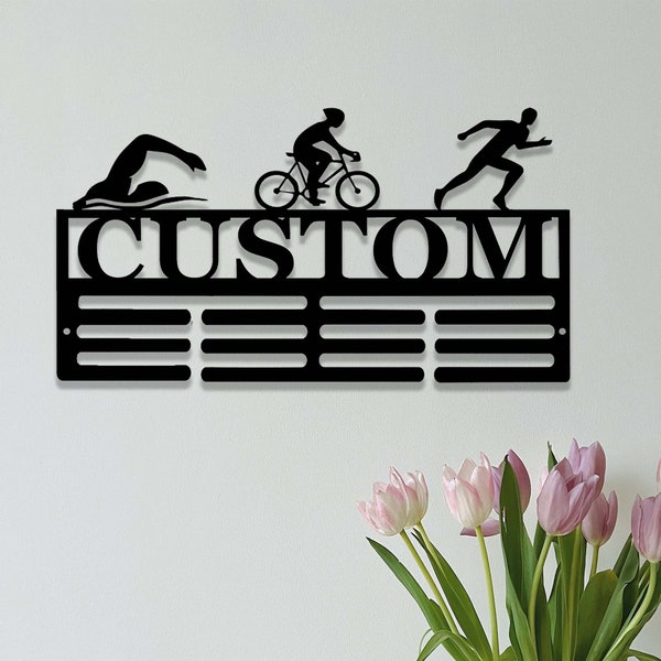 Personalized Triathlon Award Medal Holder,Custom Triathlete Triathlon Medal Hanger,12 Rungs for Medals & Ribbons,Triathlon Award Display