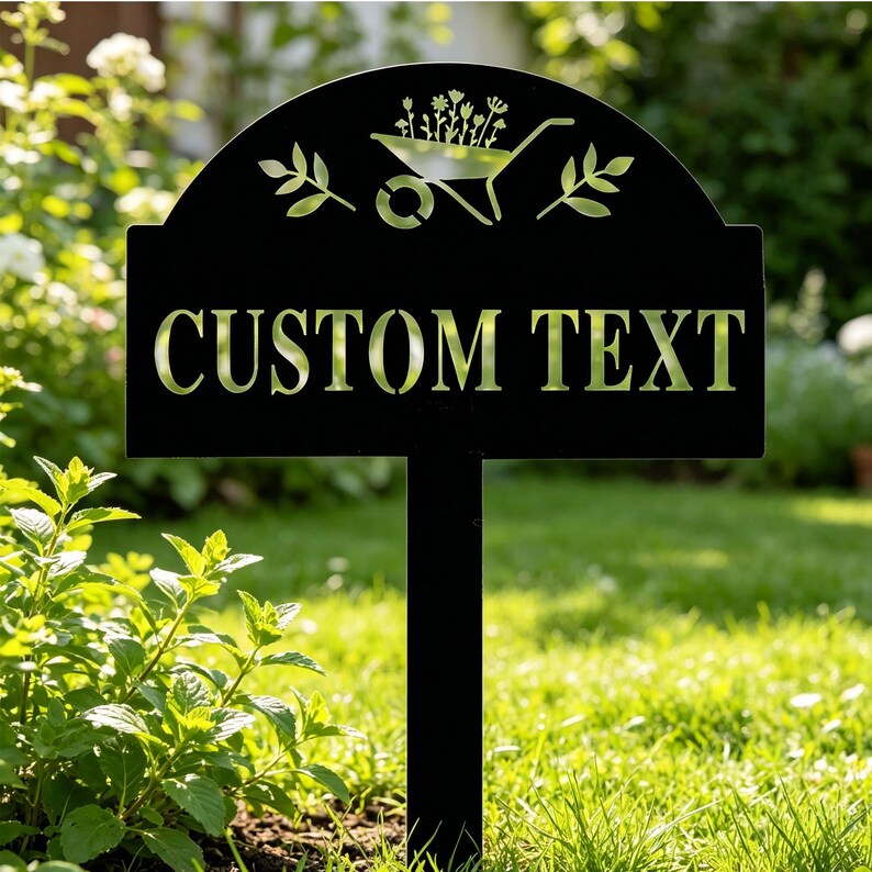 Puede incluir: Letrero de jard&iacute;n de metal negro con una parte superior decorativa con una carretilla llena de flores y follaje. El letrero tiene las palabras "CUSTOM TEXT" recortadas en una fuente en negrita, ideal para la personalizaci&oacute;n. El letrero est&aacute; en un jard&iacute;n.