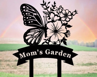 Custom Butterfly Metal Garden Stake,Butterfly Garden Sign with Flowers,Personalized Gardener Name Sign,Butterfly Garden Art,Garden Decor