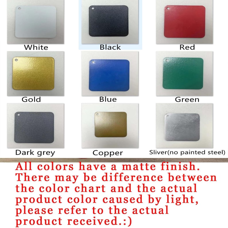 Puede incluir: Una carta de colores que muestra nueve muestras de colores con acabado mate: blanco, negro, rojo, dorado, azul, verde, gris oscuro, cobre y plateado. El texto indica que pueden ocurrir variaciones de color.