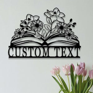 Letrero de metal personalizado para biblioteca, letrero para estantería, letrero de libro personalizado, letrero de ratón de biblioteca, decoración para club de lectura, letrero para sala de lectura, arte de pared de metal con libro floral