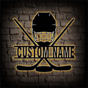 Enseigne de hockey personnalisée en métal, oeuvre d&#39;art murale en métal avec bâtons de hockey LED, nom de joueur de hockey personnalisé, décoration pour salon, décoration murale de hockey