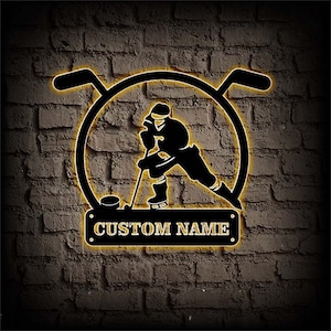 Signe en métal de joueur de hockey personnalisé, signe de nom de joueur de hockey personnalisé, art mural en métal de hockey à LED, décor mural de hockey, cadeau de joueur de hockey