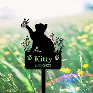 Custom Cat Memorial Stake,Personalized Cat Name Stake,Metal Spring Cat with Butterfly & Flowers Grave Marker,Cat Loss Gift,Cat Garden Decor