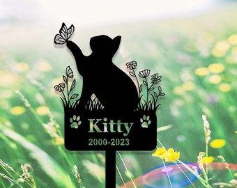 Custom Cat Memorial Stake,Personalized Cat Name Stake,Metal Spring Cat with Butterfly & Flowers Grave Marker,Cat Loss Gift,Cat Garden Decor