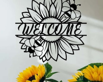 Letrero metálico de girasol personalizado, colgador de puerta de girasol, letrero con nombre de girasol personalizado, letrero de bienvenida de girasol, decoración de pared de metal con girasol