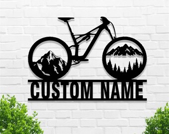 Custom Bike Metal Sign,Bike with Mountain Metal Wall Art,Cycling Sign,Personalized Biker Name Sign,Biker Home Garage Decor,Bike Rider Gift