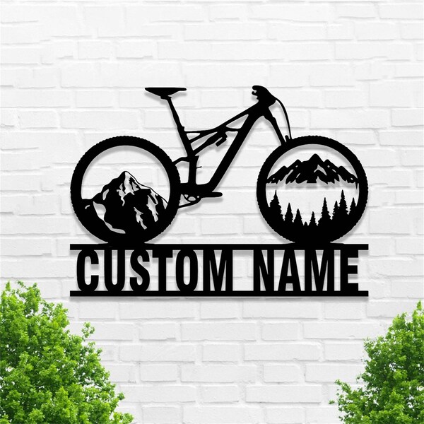 Benutzerdefinierte Fahrrad Metall Schild, Fahrrad mit Berg Metall Wandkunst, Radfahren Schild, personalisierte Biker Namensschild, Biker Home Garage Decor, Bike Rider Gift