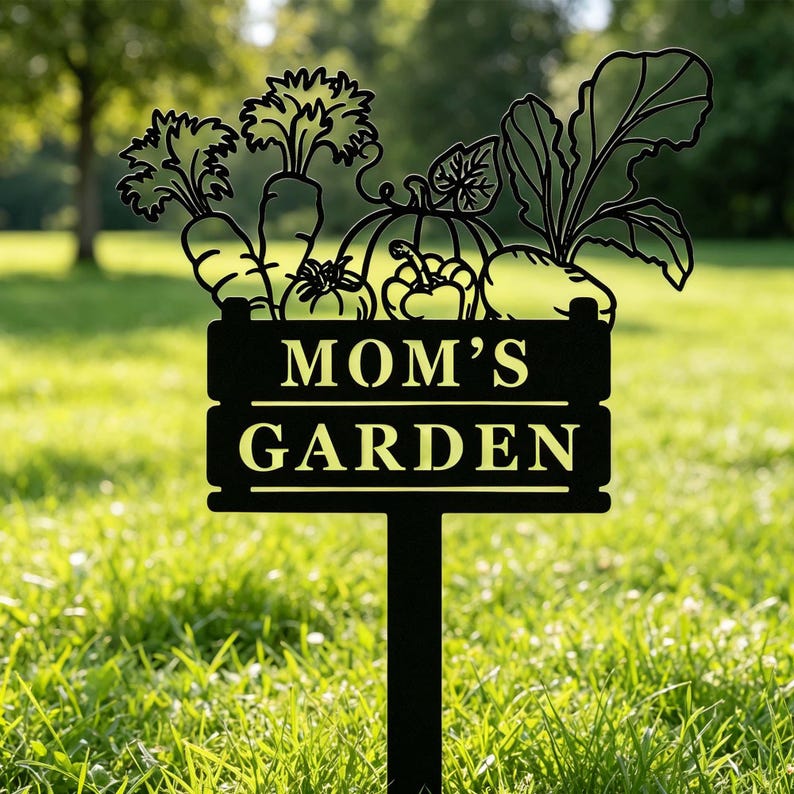 Puede incluir: Letrero de jard&iacute;n de metal negro con las palabras "MOM'S GARDEN" en blanco. El letrero presenta una parte superior decorativa con siluetas de zanahorias, una calabaza y otras verduras. El letrero est&aacute; clavado en la hierba verde.