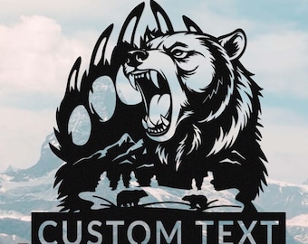 Custom Bear Sign,Bear Metal Wall Art,Roaring Grizzly Bear Sign,Personalized Bear Name Sign,Bear Claw Wall Decor,Outdoor Bear Cabin Decor