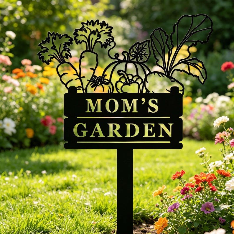 Puede incluir: Letrero de jard&iacute;n de metal negro con el texto "MOM'S GARDEN" y una parte superior decorativa con siluetas de zanahorias, una calabaza, tomates y otras verduras. El letrero est&aacute; en un jard&iacute;n con flores coloridas.