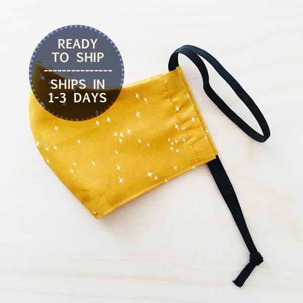 Fabric Face Mask-Washable-Reusable-Two Layers-White Stars on Gold Sky-100% Cotton-In Stock-Ready to Ship-Medium