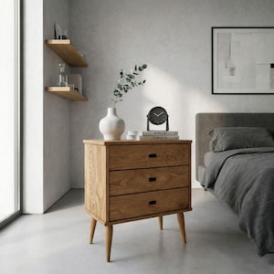 Solid Pine Bedside Table 3 Drawers | Wooden Nightstand Mid Century | Ref. 00206
