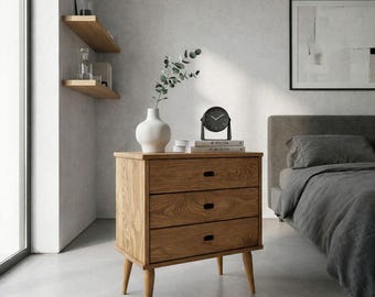 Solid Pine Bedside Table 3 Drawers | Wooden Nightstand Mid Century | Ref. 00206