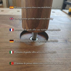 May include: Close-up of a wooden furniture leg with a metal screw base. The leg is attached to a wooden surface. Text in the image reads, "The leg system provides exceptional stability."