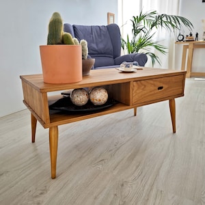 Handmade Rustic Pine Wood Coffee Table with Drawer