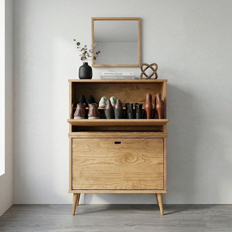 May include: A light oak shoe cabinet with a drawer and a top shelf displaying various shoes. A small mirror and decorative items are above the cabinet. The cabinet has a mid-century modern design with angled legs.