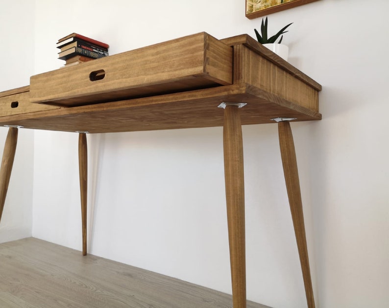 Bureau /Bureau en pin massif avec 2 tiroirs / Table 4 pieds / table de bureau / bureau image 4