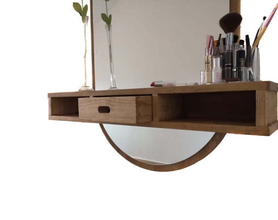 Round Mirror For Bathroom Shelf Hallway Wood Denmark Round Mirror For Bathroom Shelf, Wooden Round Mirror With Shelf