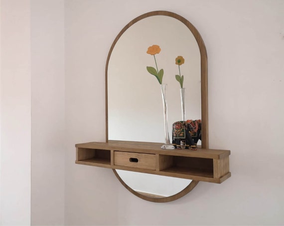 Round Mirror for Bathroom Mirror shelf for Hallway Wood Round