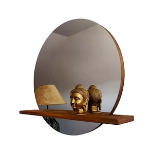 Handmade Round Pine Wood Wall Mirror with Shelf | Ref. 00191 image 3