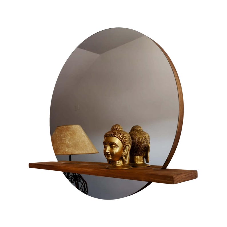 Handmade Round Pine Wood Wall Mirror with Shelf | Ref. 00191 image 3