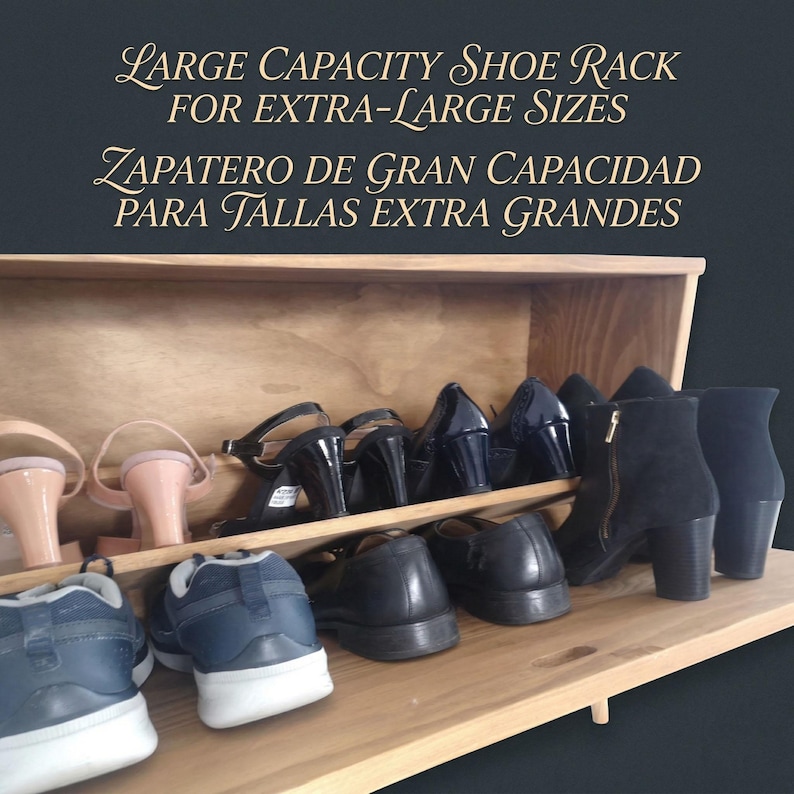 May include: A wooden shoe rack displaying various shoes, including heels, boots, and trainers. The rack has two shelves. The text on the image reads "LARGE CAPACITY SHOE RACK FOR EXTRA-LARGE SIZES". The rack is designed to hold extra-large shoe sizes.