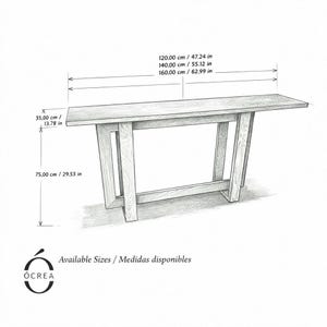May include: A sketch of a wooden console table with dimensions in both centimetres and inches. The table is light-coloured, with a rectangular top and a supportive base. The text "Available Sizes" is also present.