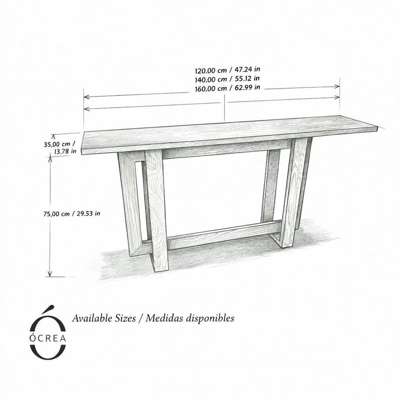 May include: A sketch of a wooden console table with dimensions in both centimetres and inches. The table is light-coloured, with a rectangular top and a supportive base. The text "Available Sizes" is also present.