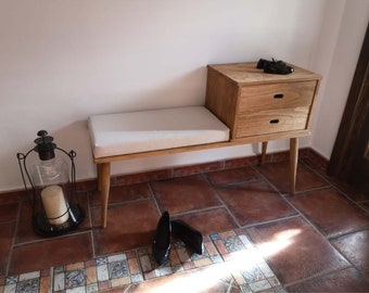 Banquette en bois avec un tiroir / Banc à chaussures d'entrée / Banc de couloir / Réf. 00106 / Fabriqué à la main à Tolède par Dvalenti Furniture