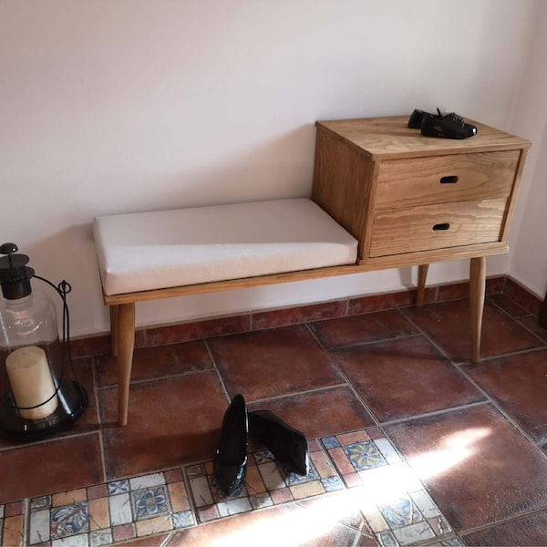 Banquette en bois avec un tiroir / Banc à chaussures d'entrée / Banc de couloir / Réf. 00106 / Fabriqué à la main à Tolède par Dvalenti Furniture