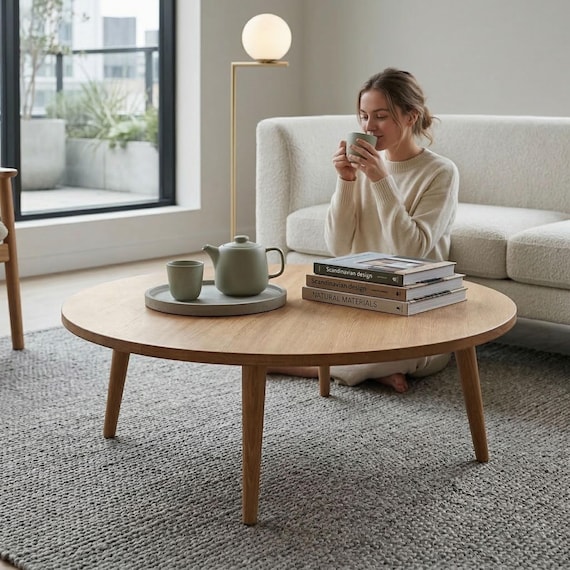 Couchtisch Rund Massivholz - Handgefertigt Kiefer - Wohnzimmertisch Rustikal - Großer Holztisch | Ref.0075